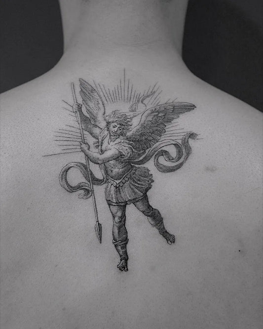Big Black and Grey St Michael Slaying Dragon Tattoo on Men Back by @coldgraytattoo