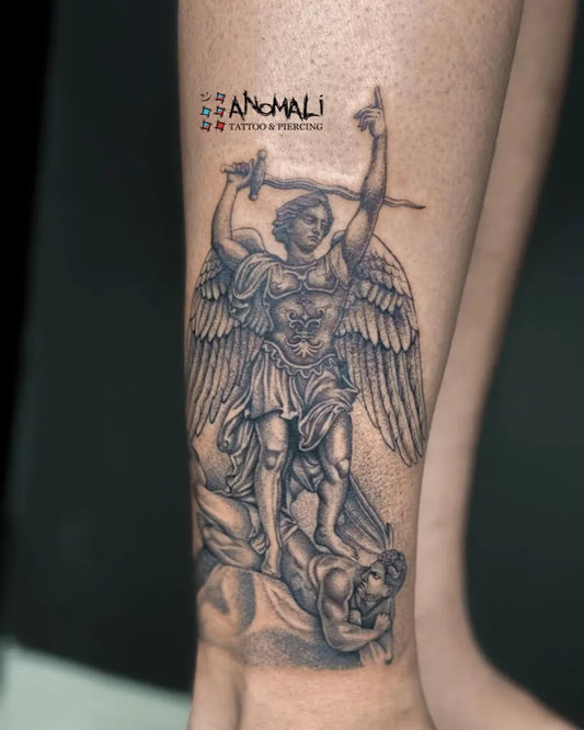 Big Black and Grey St Michael Slaying Dragon Tattoo on Men Leg by @anomalitattoo