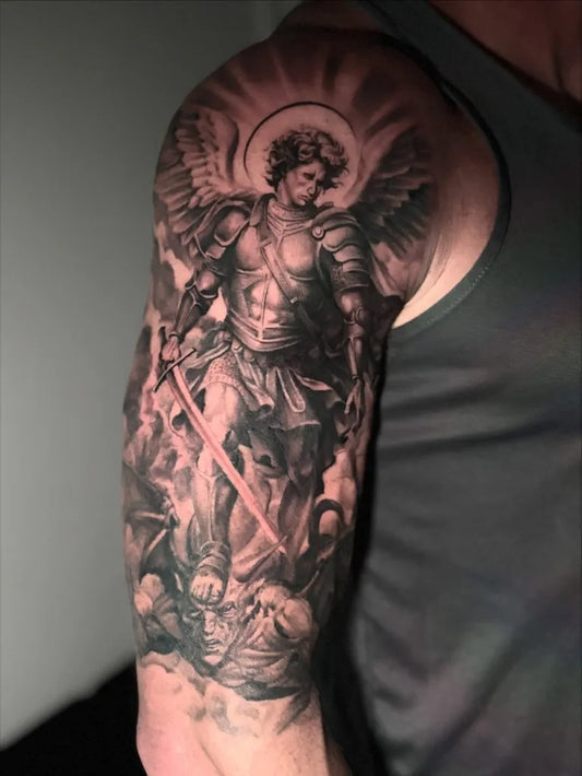 Big Black and Grey St Michael Slaying Dragon Tattoo on Men Shoulder by @13mag_32