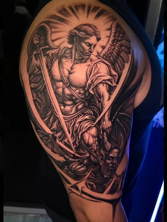 Big Black and Grey St Michael Slaying Dragon Tattoo on Men Shoulder by @mikey_warrior