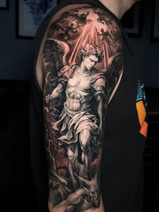 Big Black and Grey St Michael Slaying Dragon Tattoo on Men Shoulder by @reyr1tattoo