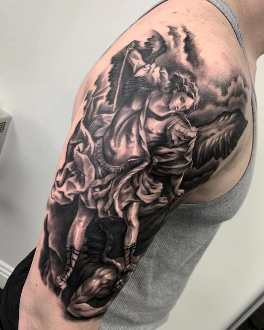 Big Black and Grey St Michael Slaying Dragon Tattoo on Men Shoulder by @rickytatt