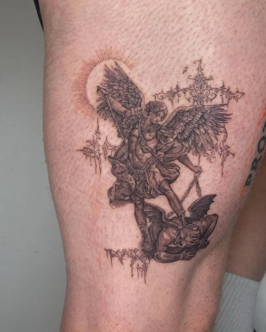 Big Black and Grey St Michael Slaying Dragon Tattoo on Men Thigh by @albamartintattoo