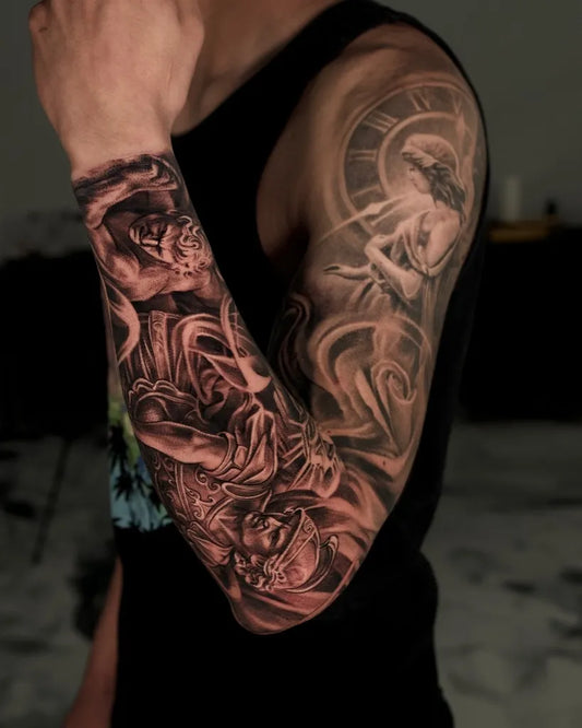 Big Black and Grey St Michael and Angel Tattoo on Men Arm by @aarontorrestattoo