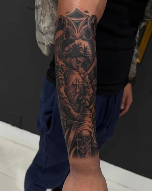 Big Black and Grey St Michael and Angel Tattoo on Men Arm by @buzymanjefe