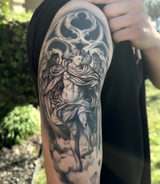 Big Black and Grey St Michael and Rose Window Tattoo on Men Arm by @inkedbyjules_