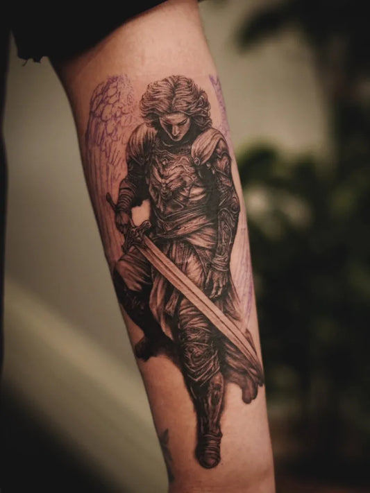 Big Black and Grey St Michael and Sword Tattoo on Men Arm by @bentattoo.sh