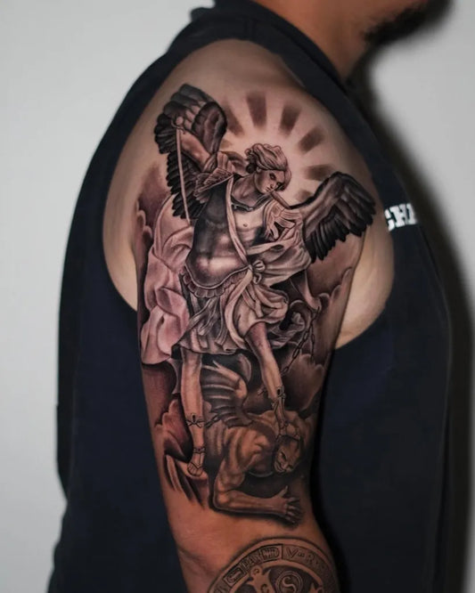 Big Black and Grey St Michael slaying Dragon Tattoo on Men Shoulder by @smileyartla