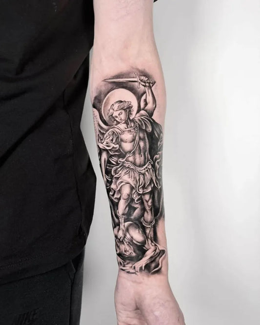 Big Black and Grey St Michael slaying dragon Tattoo on Men Arm by @eastsideringwood