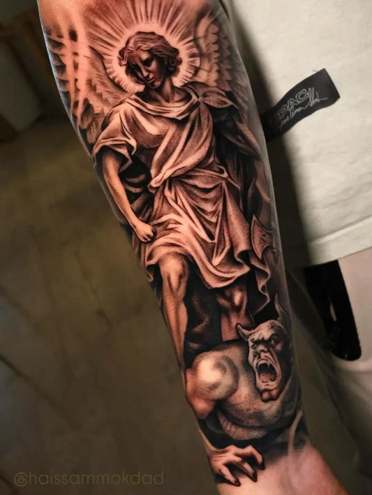 Big Black and Grey St Michael slaying dragon Tattoo on Men Arm by @haissammokdad