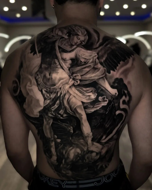 Big Black and Grey St Michael slaying dragon Tattoo on Men Back by @armandius777