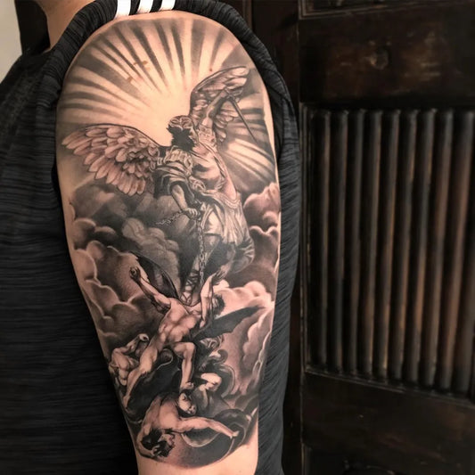 Big Black and Grey St Michael slaying dragon Tattoo on Women Shoulder by @thorone