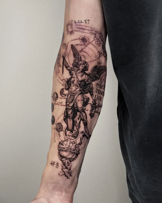 Big Black and Grey St Michael with Armillary Sphere Tattoo on Men Arm by @charleeink_