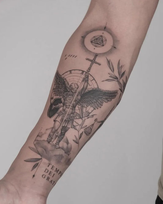 Big Black and Grey St Michael with Compass and Cross Tattoo on Men Arm by @bykimhoang