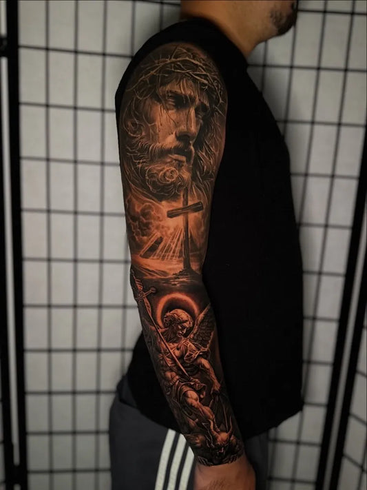Big Black and Grey St Michael with Jesus and Cross Tattoo on Men Arm by @freshink_tat2