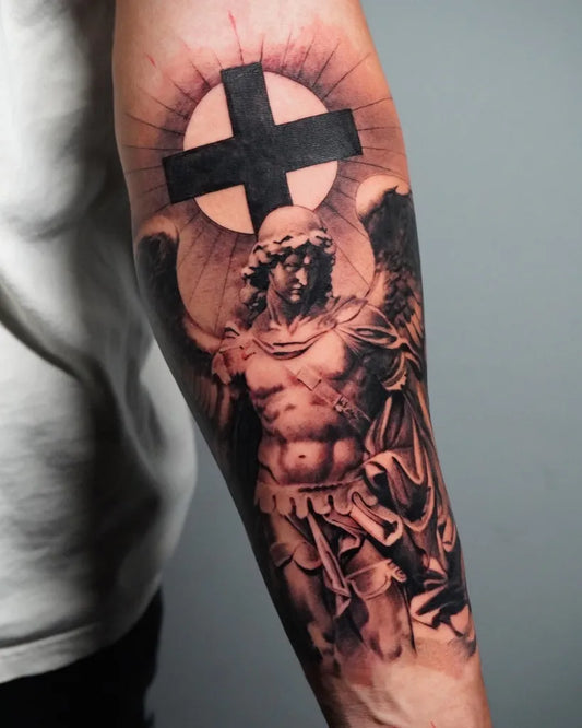 Big Black and Grey St Michael with Radiant Cross Tattoo on Men Arm by @reyr1tattoo