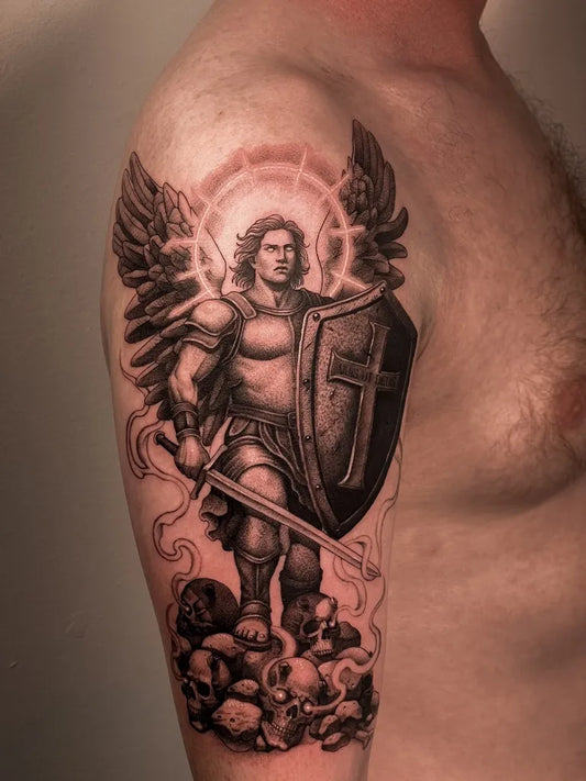 Big Black and Grey St Michael with Shield and Skulls Tattoo on Men Shoulder by @limatattooink