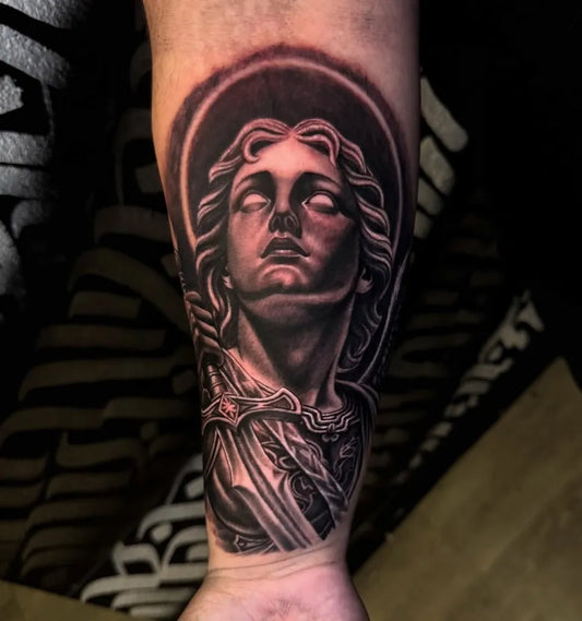 Big Black and Grey St Michael with Sword Tattoo on Men Arm by @mikey_warrior