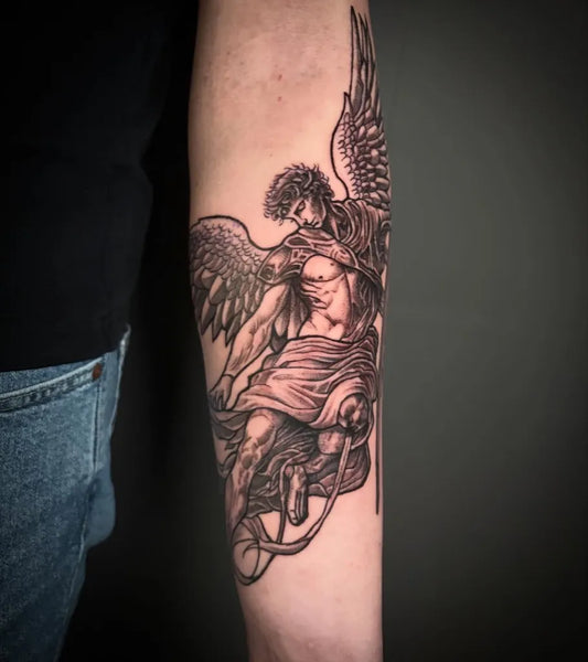 Big Black and Grey St Michael with Wings and Armor Tattoo on Men Arm by @mhtattooz
