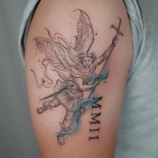 Big Black and Grey St Michael with Wings and Cross Tattoo on Men Shoulder by @agathisdammara
