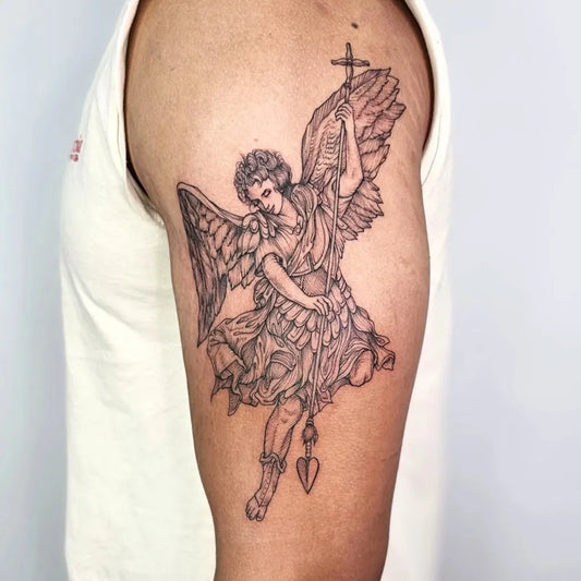 Big Black and Grey St Michael with Wings and Cross Tattoo on Men Upper Arm by @aquarian_tattoo