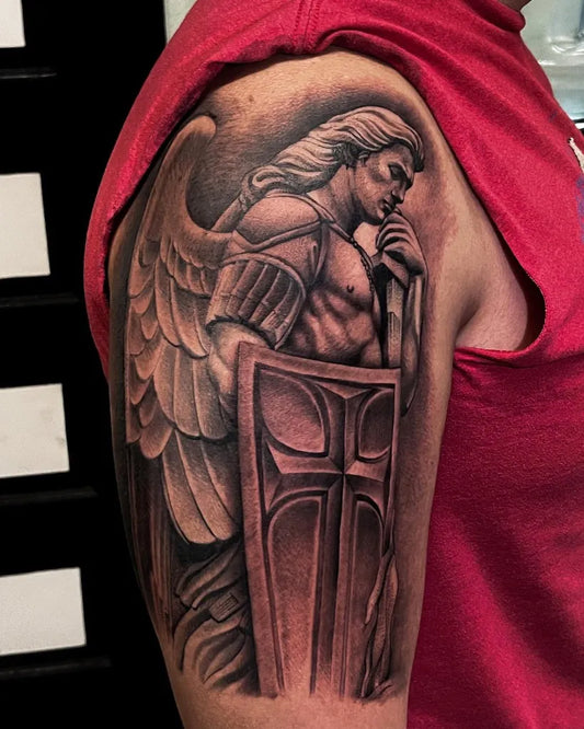 Big Black and Grey St Michael with Wings and Shield Tattoo on Men Arm by @obed_tattooist