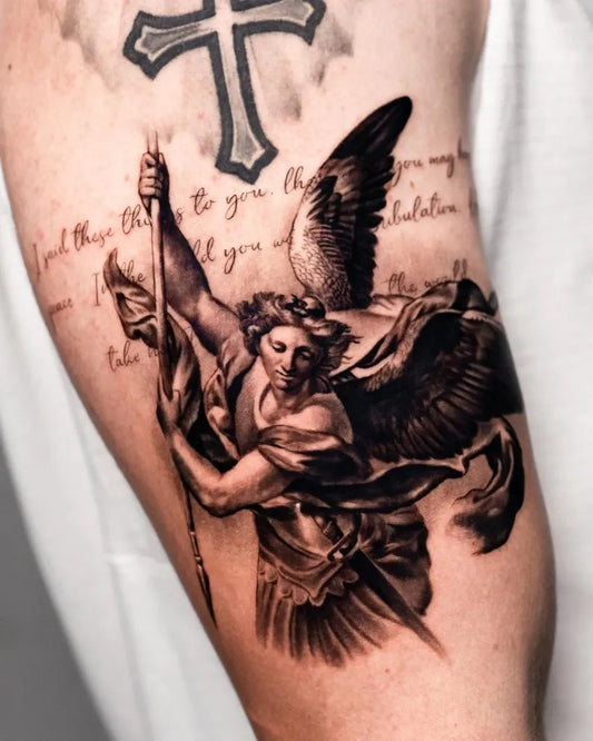 Big Black and Grey St Michael with Wings and Spear Tattoo on Men Arm by @gionastarace_tattoo