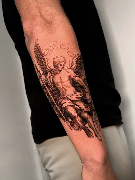 Big Black and Grey St Michael with Wings and Spear Tattoo on Men Arm by @limatattooink