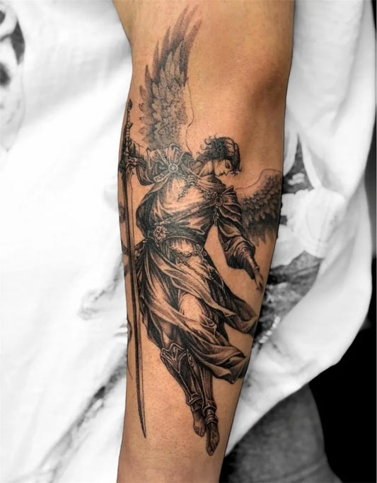 Big Black and Grey St Michael with Wings and Sword Tattoo on Men Arm by @antikk.tattoo
