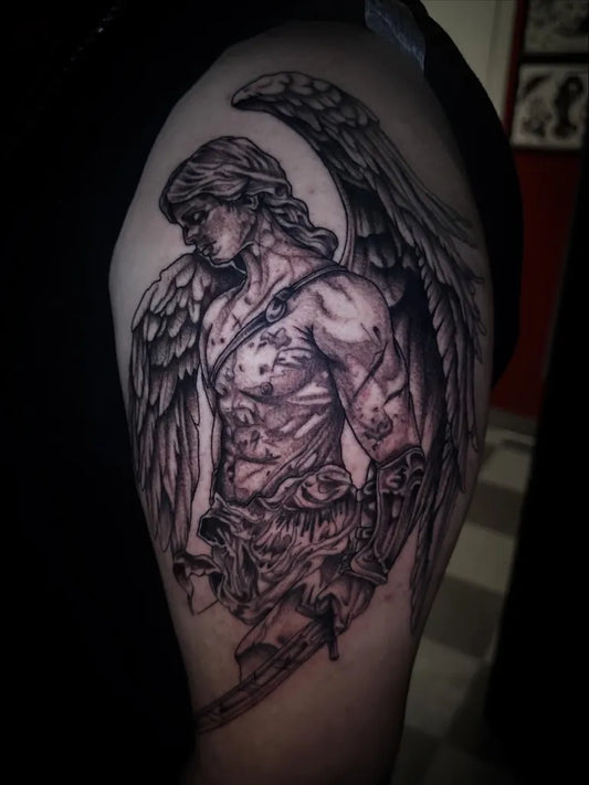 Big Black and Grey St Michael with Wings and Sword Tattoo on Men Shoulder by @_inked_ann_