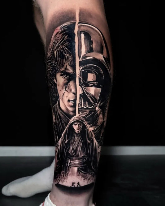 Big Black and Grey Star Wars Anakin and Vader Tattoo on Men Leg by @joegregorytattoos