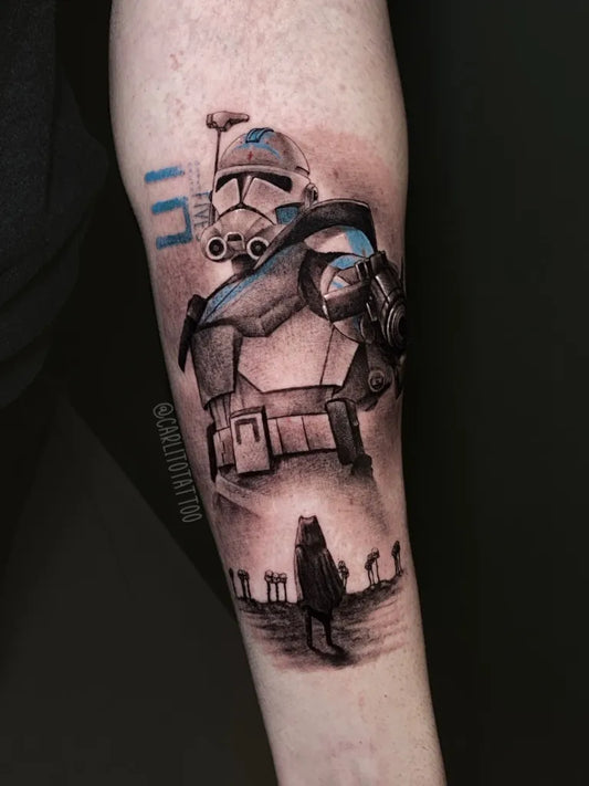 Big Black and Grey Star Wars Clone Trooper and Desert Scene Tattoo on Men Arm by @carlitotattoo