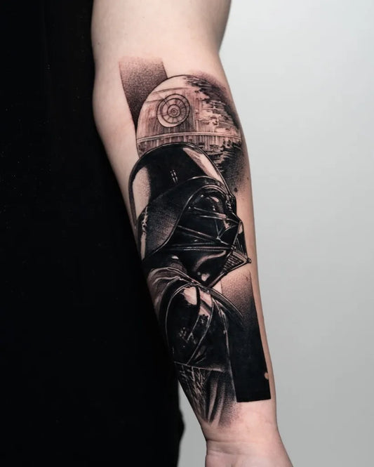 Big Black and Grey Star Wars Darth Vader Death Star Tattoo on Men Arm by @jessreeftattoos