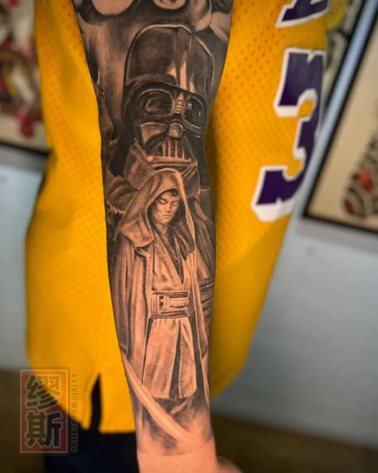 Big Black and Grey Star Wars Darth Vader Obi Wan Tattoo on Men Arm by @kelvinmusetattoo