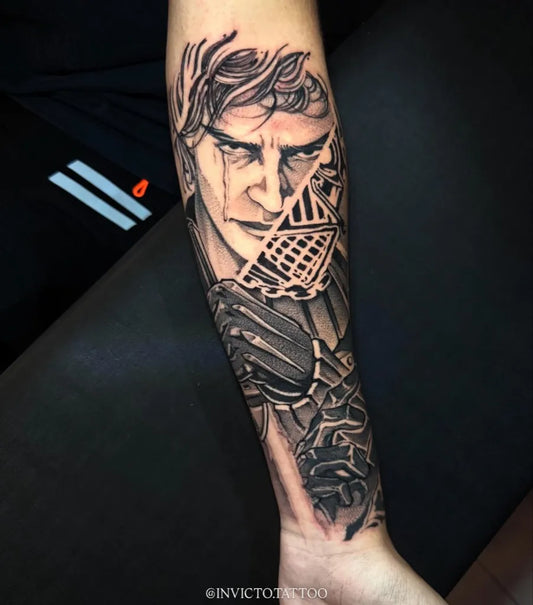 Big Black and Grey Star Wars Darth Vader Portrait Tattoo on Men Arm by @invicto.tattoo