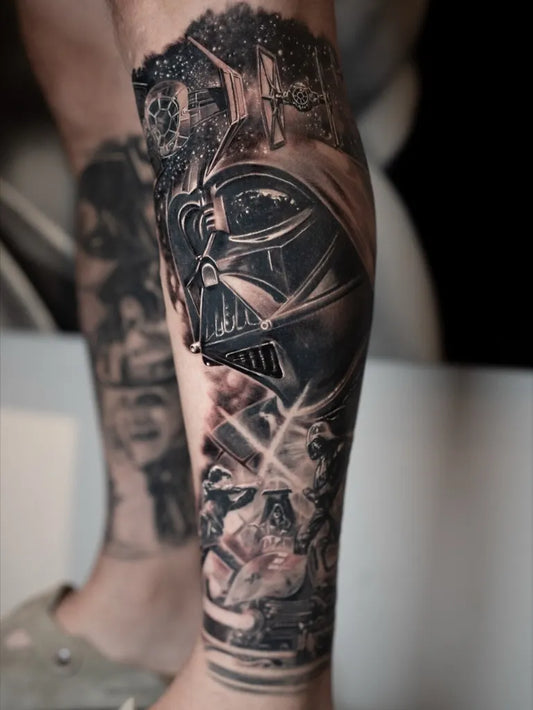 Big Black and Grey Star Wars Darth Vader Scene Tattoo on Men Leg by @dannymateo