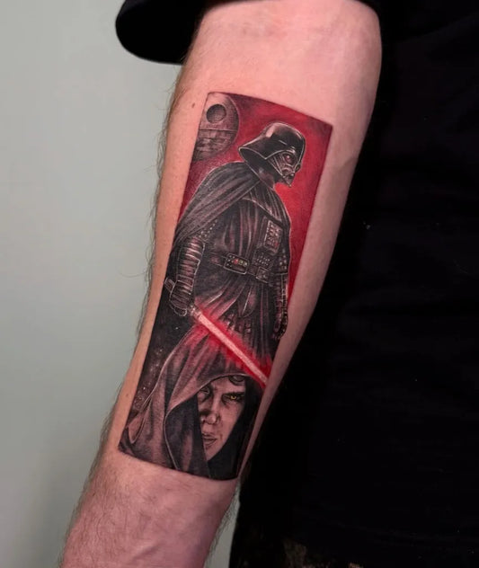 Big Black and Grey Star Wars Darth Vader and Anakin Tattoo on Men Arm by @caroltattooart