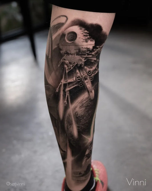 Big Black and Grey Star Wars Death Star Tattoo on Men Thigh by @serjvinni