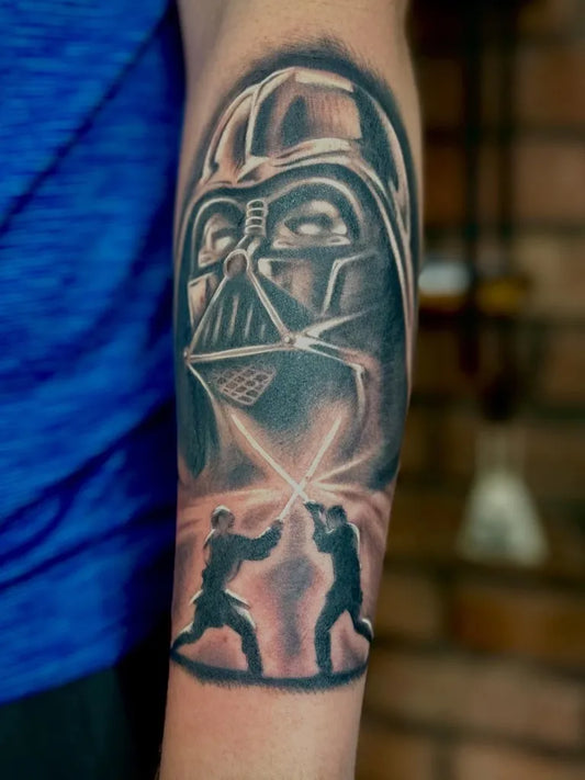 Big Black and Grey Star Wars Duel Tattoo on Men Arm by @fitzytattoo