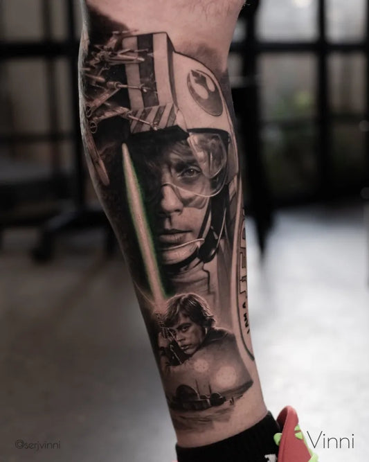 Big Black and Grey Star Wars Luke Skywalker Tattoo on Men Leg by @serjvinni
