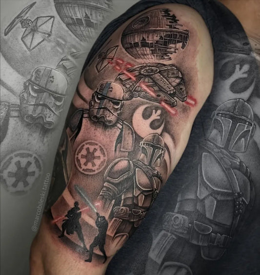 Big Black and Grey Star Wars Mandalorian Stormtrooper Tattoo on Men Shoulder by @marcobileski.tattoo