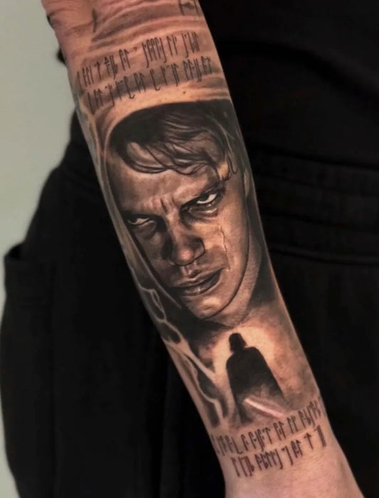 Big Black and Grey Star Wars Portrait with Sith Lord Silhouette and Script Tattoo on Men Arm by @silentkw