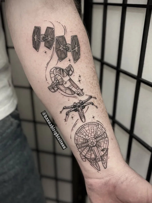 Big Black and Grey Star Wars Spaceships Tattoo on Men Arm by @hannahleightattoos
