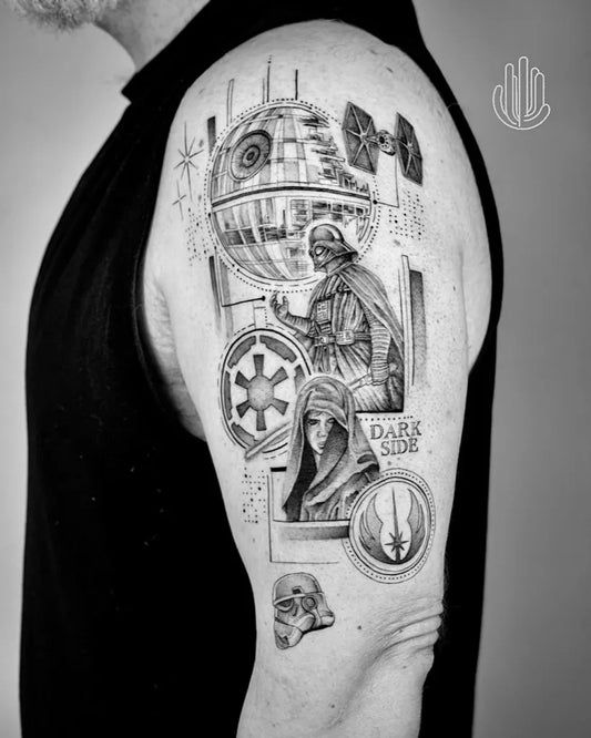 Big Black and Grey Star Wars Tattoo on Men Shoulder by @tony.sahuarito