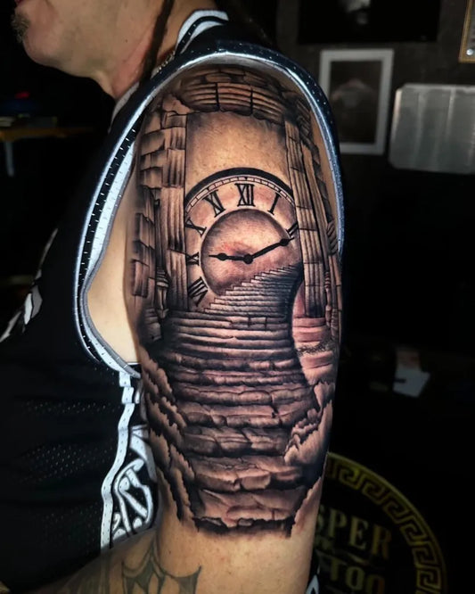 Big Black and Grey Stone Archway with Clock and Stairs Tattoo on Men Upper Arm by @kong_inkbali