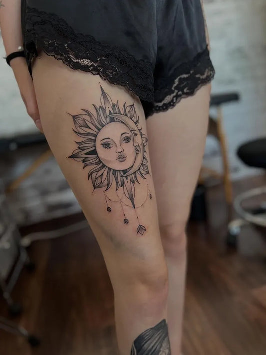 Big Black and Grey Sun and Mandala on Women Thigh Tattoo by @tiborsziraki
