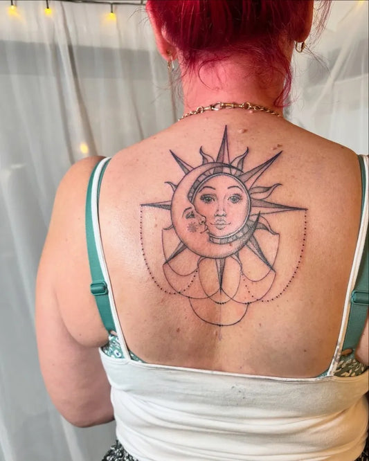 Big Black and Grey Sun and Moon and Mandala on Women Back Tattoo by @yellowbellytattoos