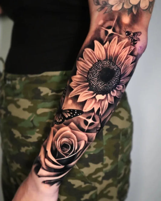 Big Black and Grey Sunflower Butterfly Rose on Women Arm Tattoo by @eddycastillotattoos210