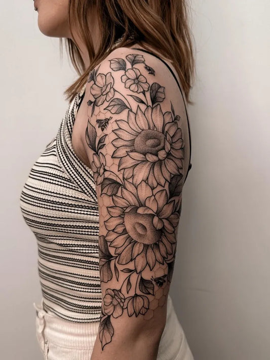 Big Black and Grey Sunflower and Flowers on Women Shoulder Tattoo by @velaratattoostudio