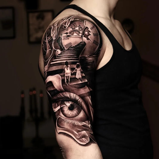 Big Black and Grey Surreal Clock Eye Ship Tattoo on Men Arm by @alisalehtattoos